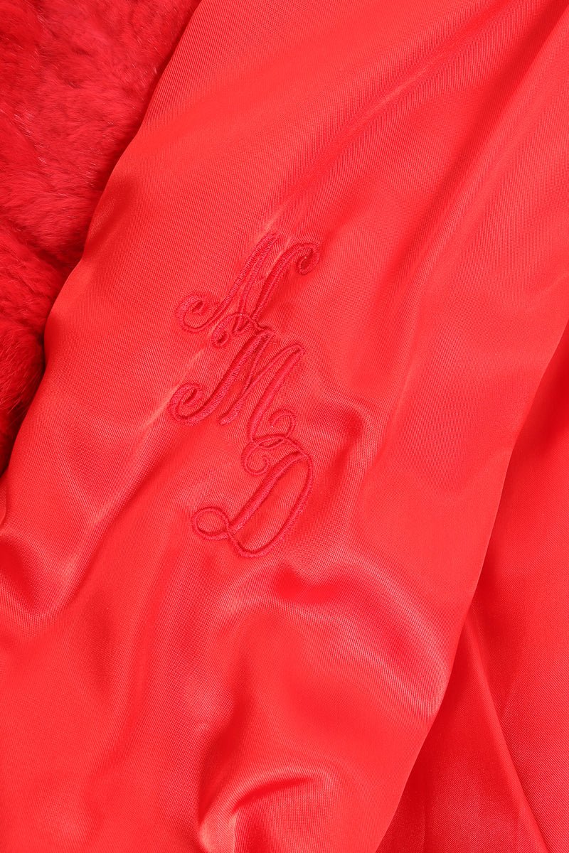Vintage Evans Red Mongolian Fur Shawl Collar Coat personalized initials at Recess Los Angeles