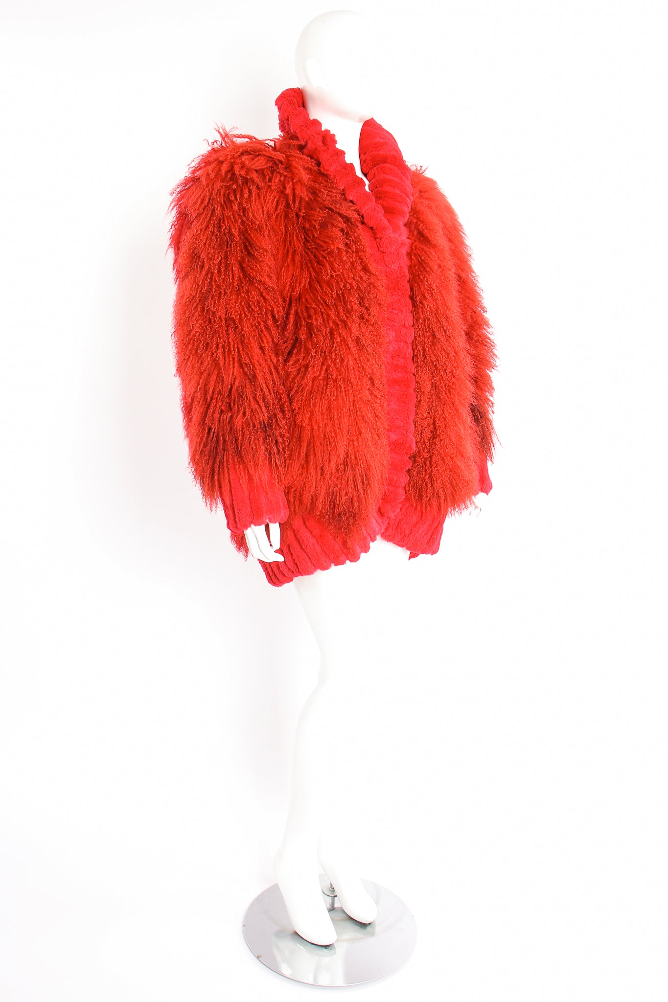 Vintage Evans Red Mongolian Fur Shawl Collar Coat on Mannequin angle at Recess Los Angeles