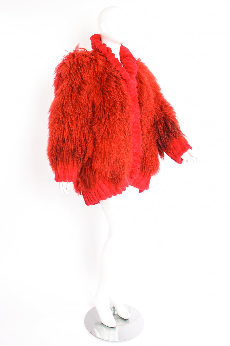 Vintage Evans Red Mongolian Fur Shawl Collar Coat on Mannequin ange at Recess Los Angeles