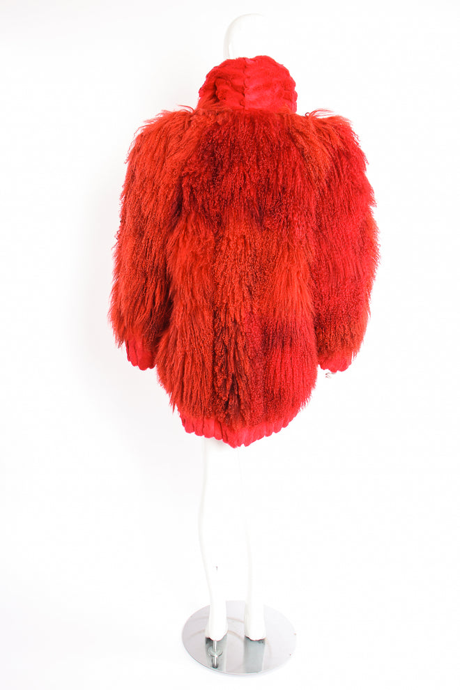 Vintage Evans Red Mongolian Fur Shawl Collar Coat on Mannequin back at Recess Los Angeles