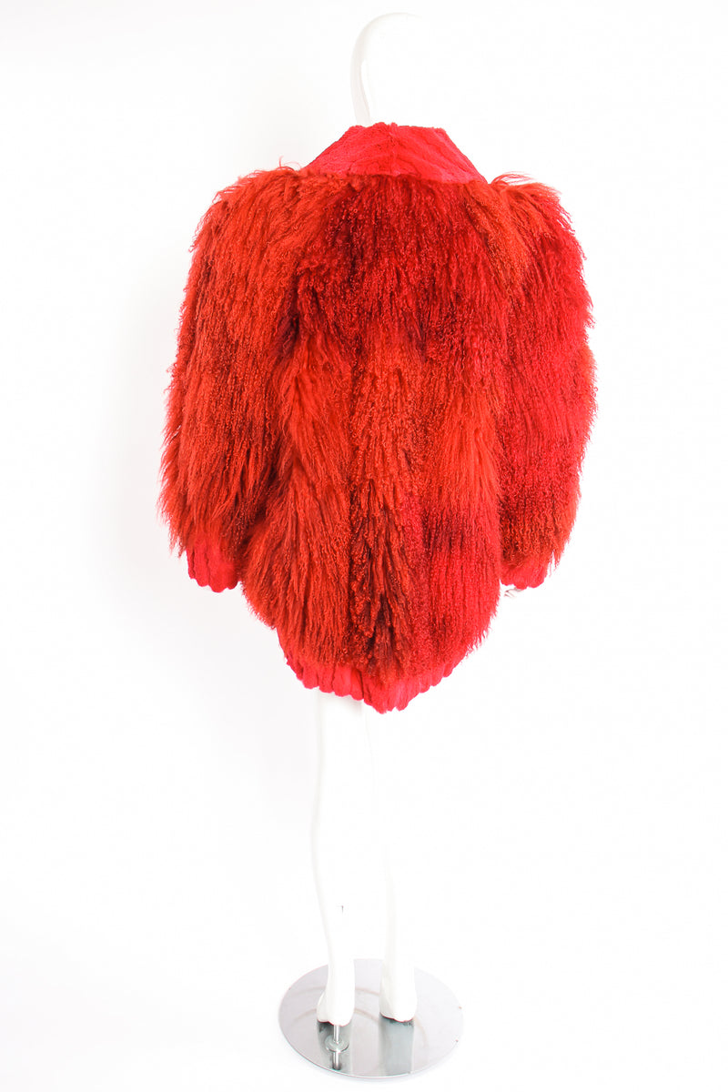 Vintage Evans Red Mongolian Fur Shawl Collar Coat on Mannequin back at Recess Los Angeles