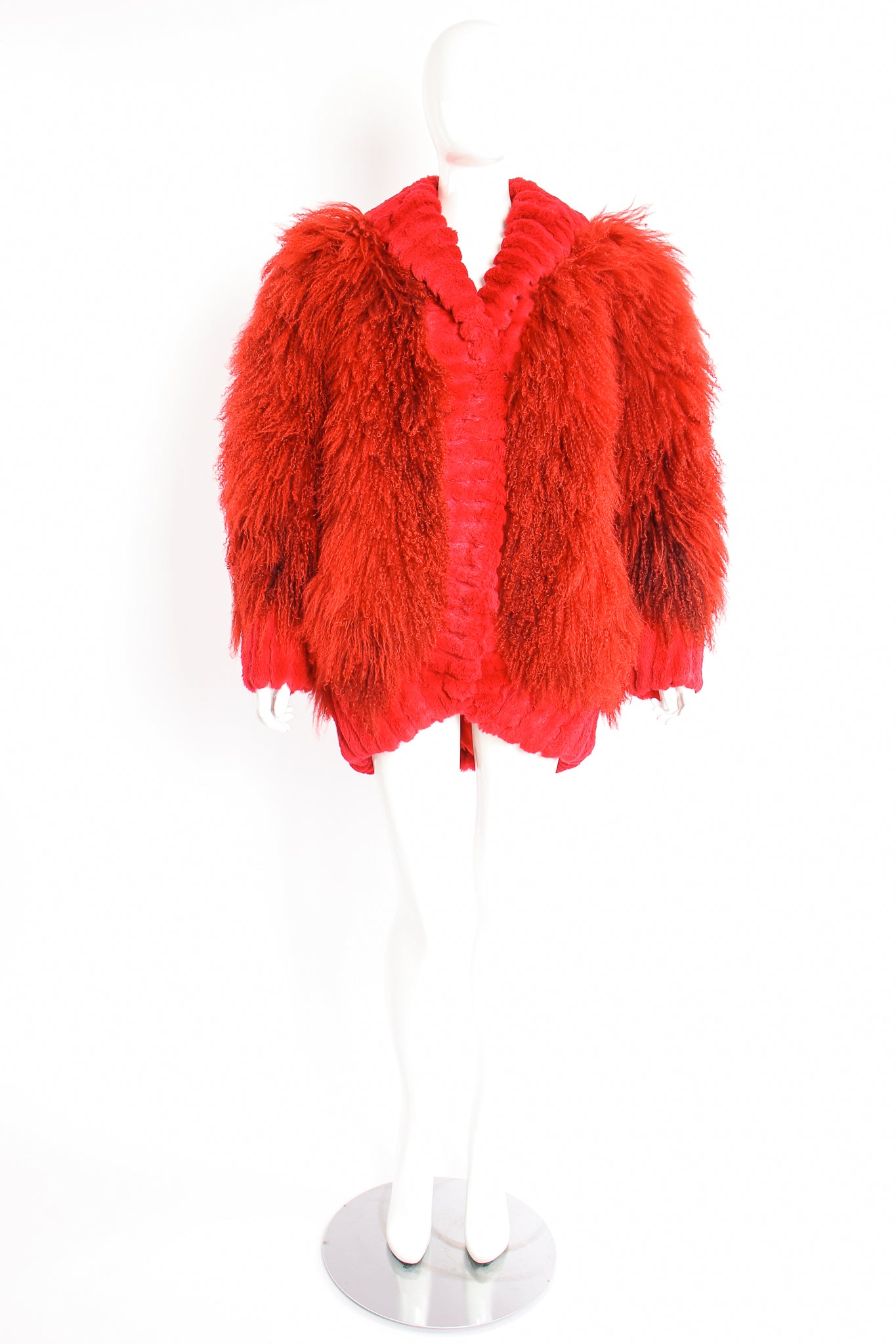 Vintage Evans Red Mongolian Fur Shawl Collar Coat on Mannequin Front closed at Recess Los Angeles