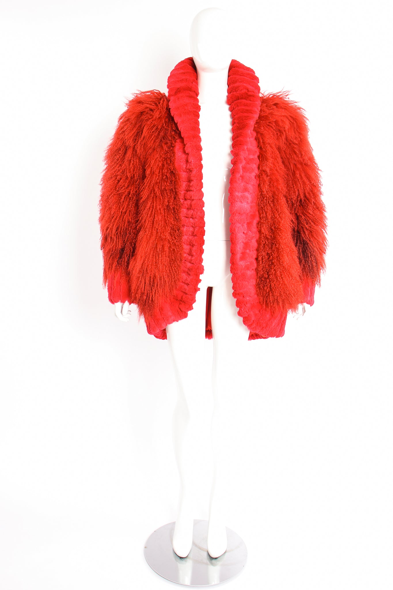 Vintage Evans Red Mongolian Fur Shawl Collar Coat on Mannequin Front open at Recess Los Angeles