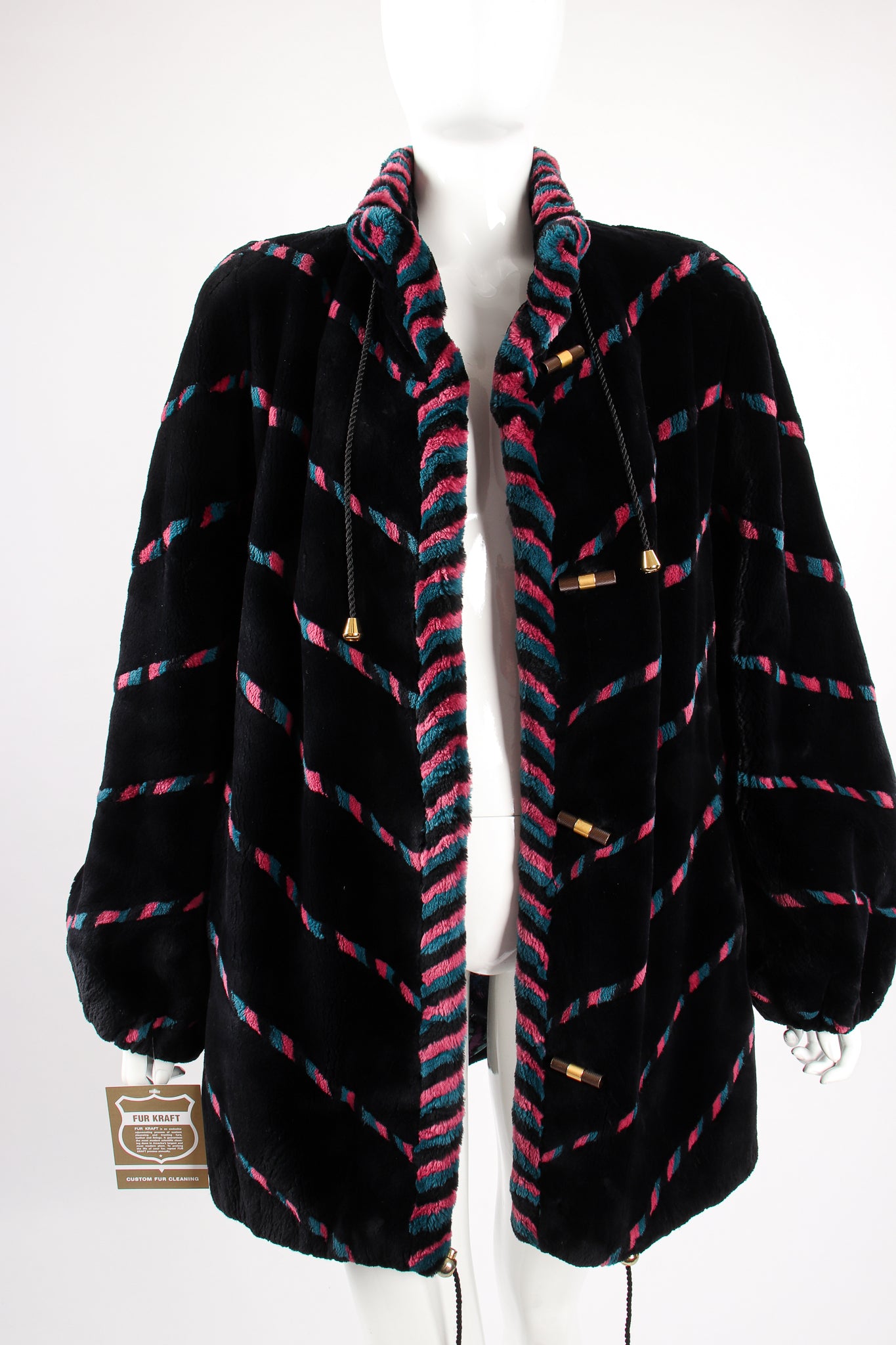 Vintage Revillon Chevron Stripe Toggle Fur Coat on Mannequin front open at Recess Los Angeles