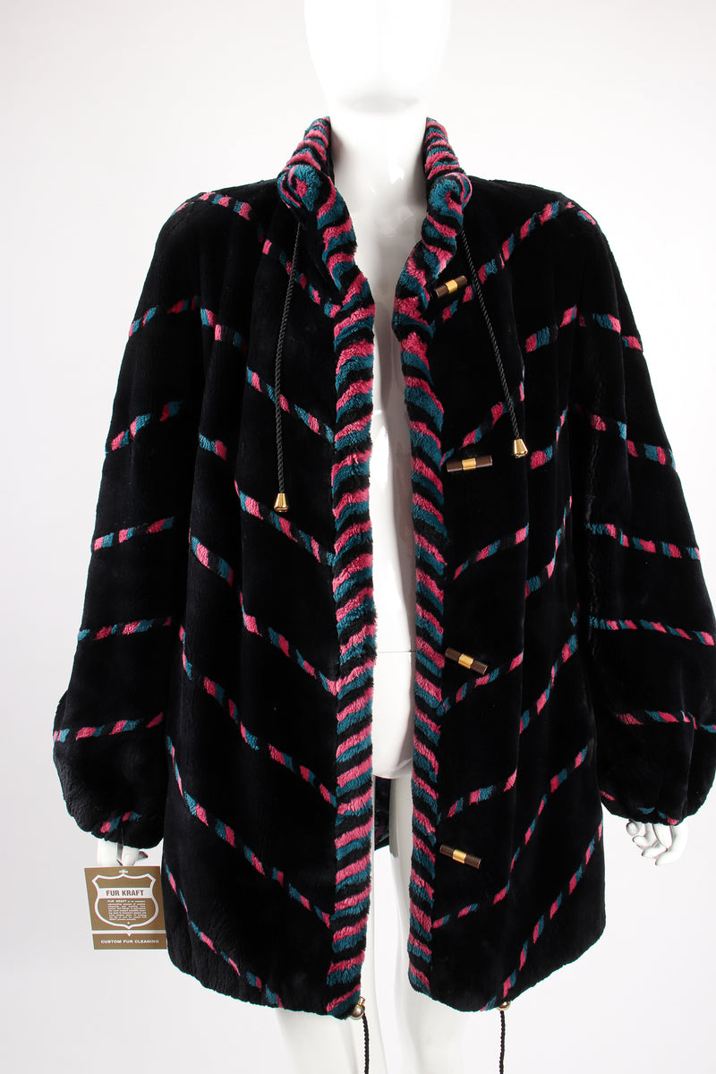 Vintage Revillon Chevron Stripe Toggle Fur Coat on Mannequin front open at Recess Los Angeles
