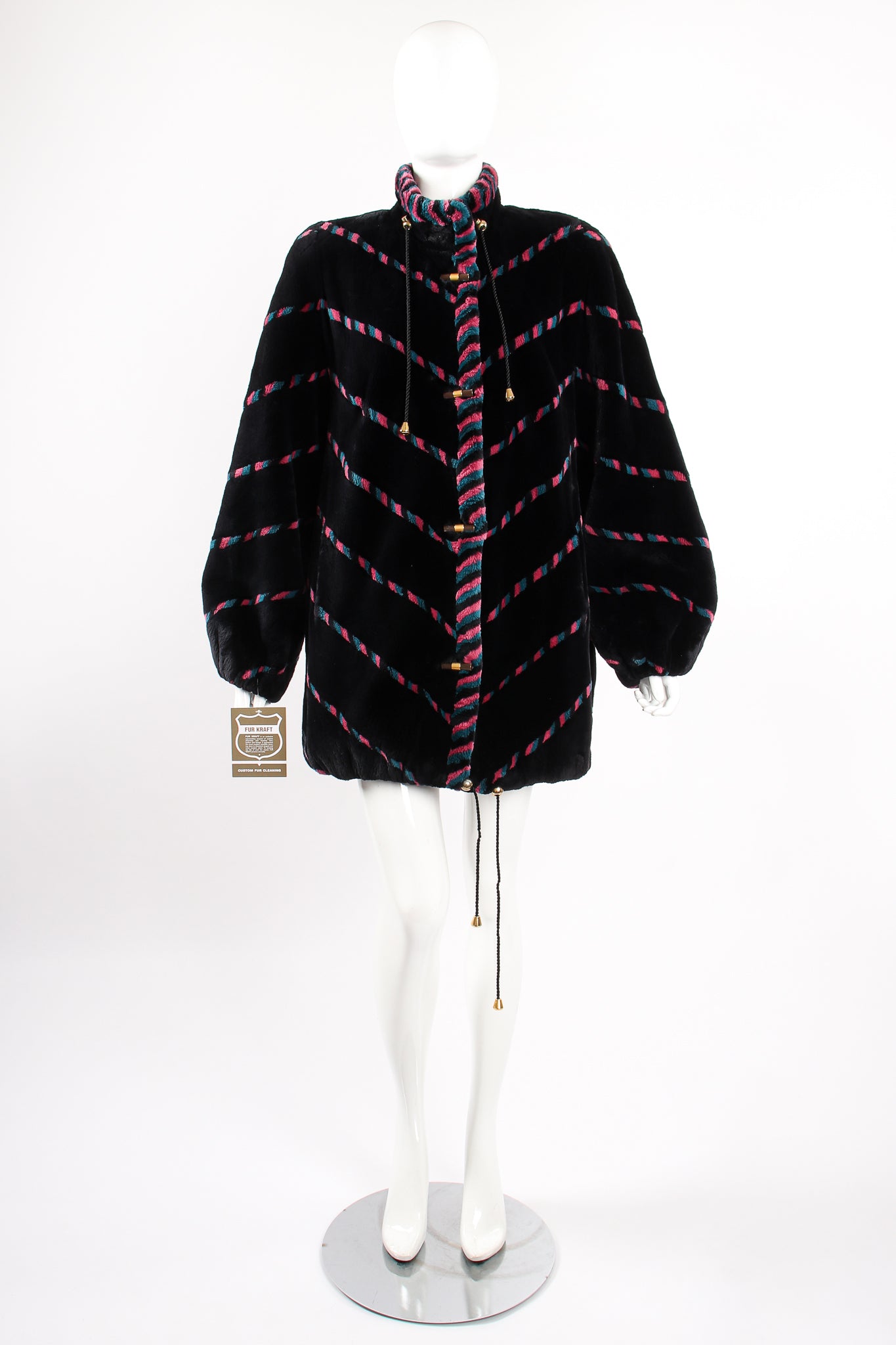Vintage Revillon Chevron Stripe Toggle Fur Coat on Mannequin front at Recess Los Angeles