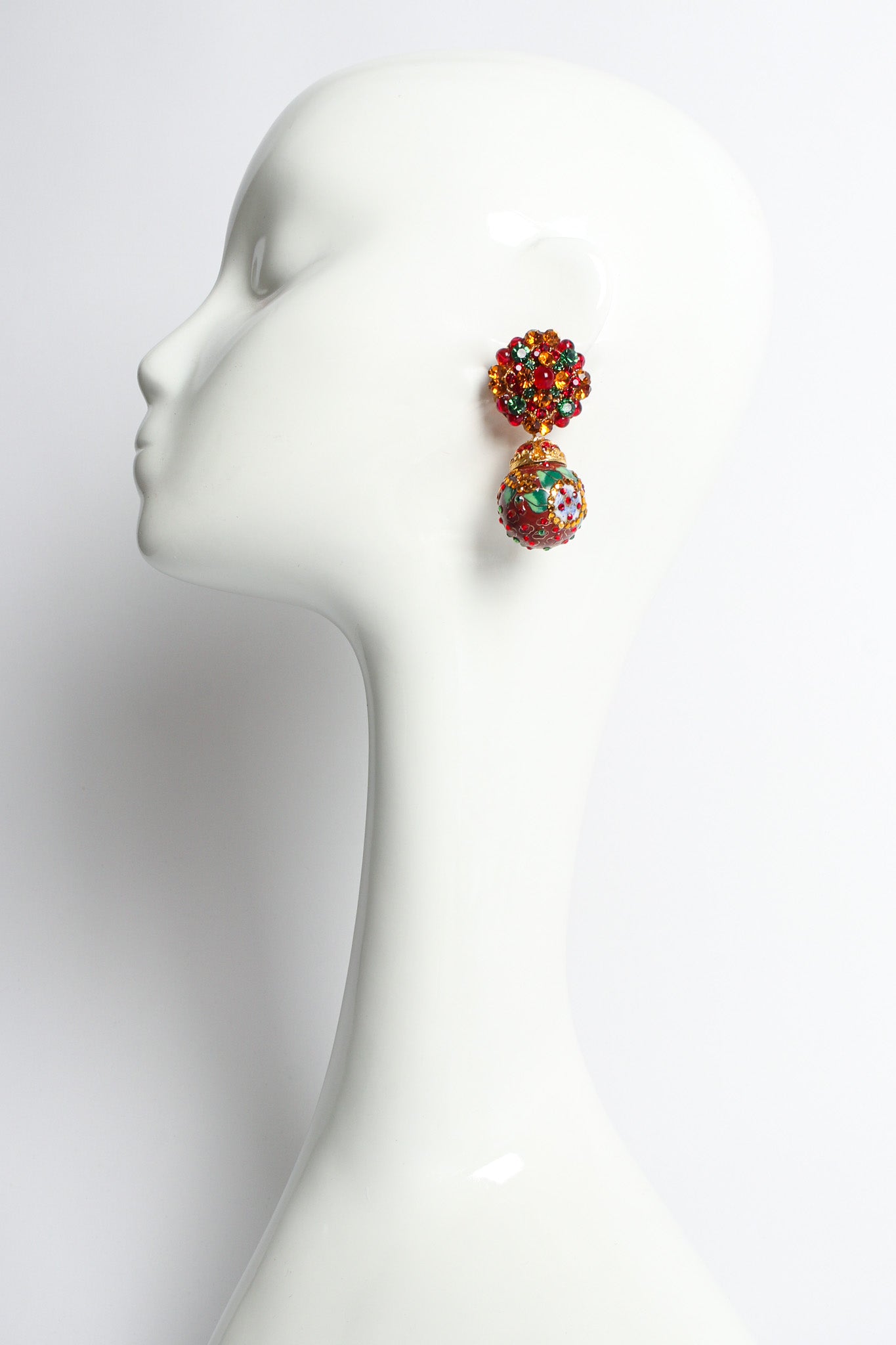 Vintage Floral Cloisonné Rhinestone Drop Earrings on mannequin @ Recess LA