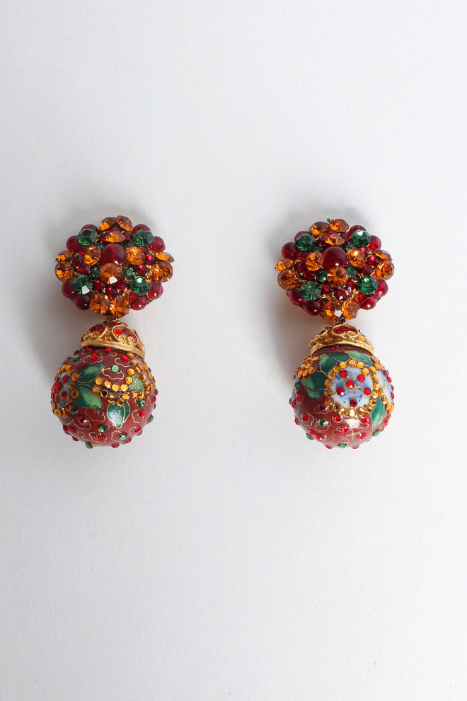 Vintage Floral Cloisonné Rhinestone Drop Earrings front flat @ Recess LA