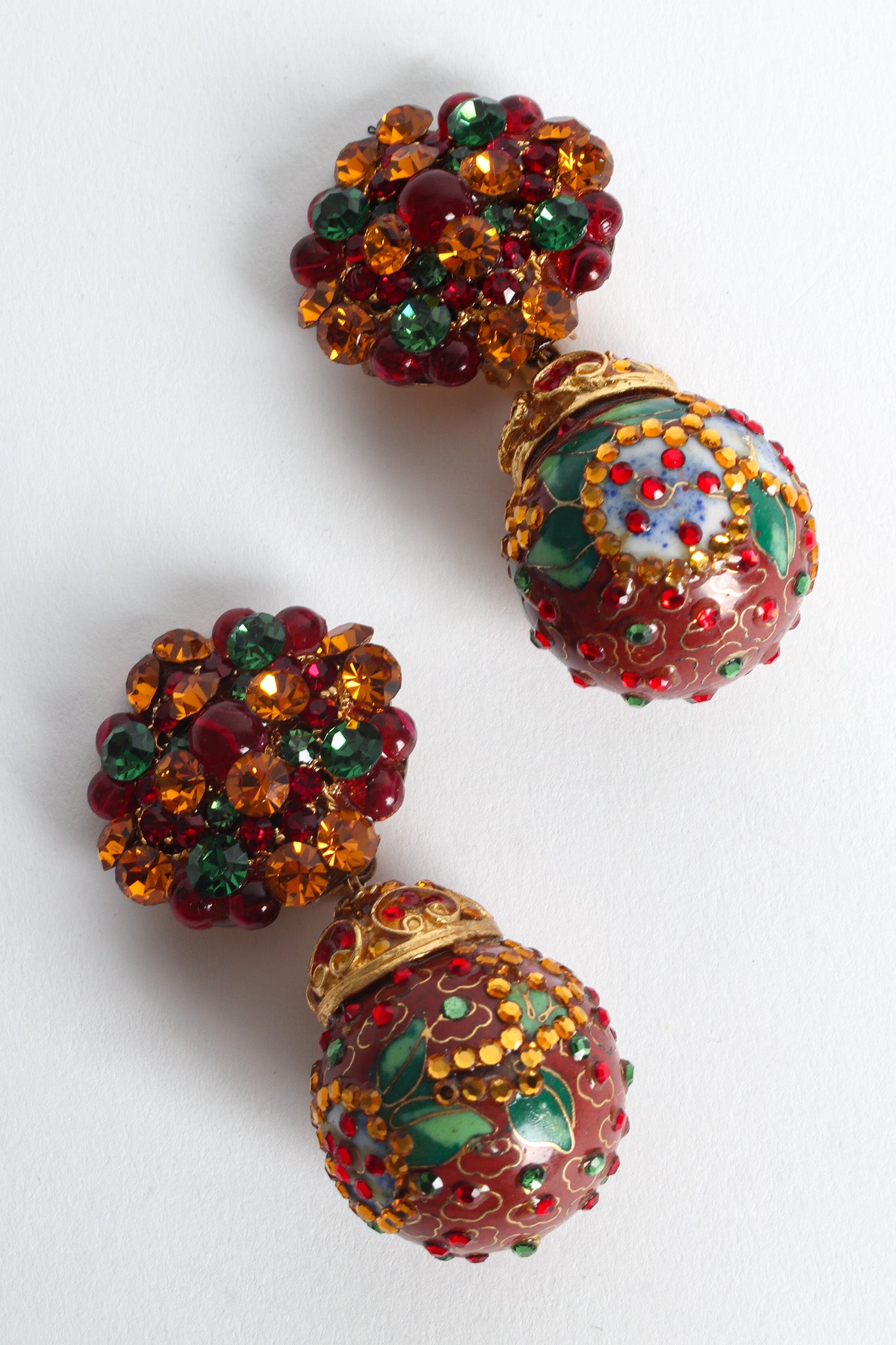 Vintage Floral Cloisonné Rhinestone Drop Earrings diagonal close  @ Recess LA