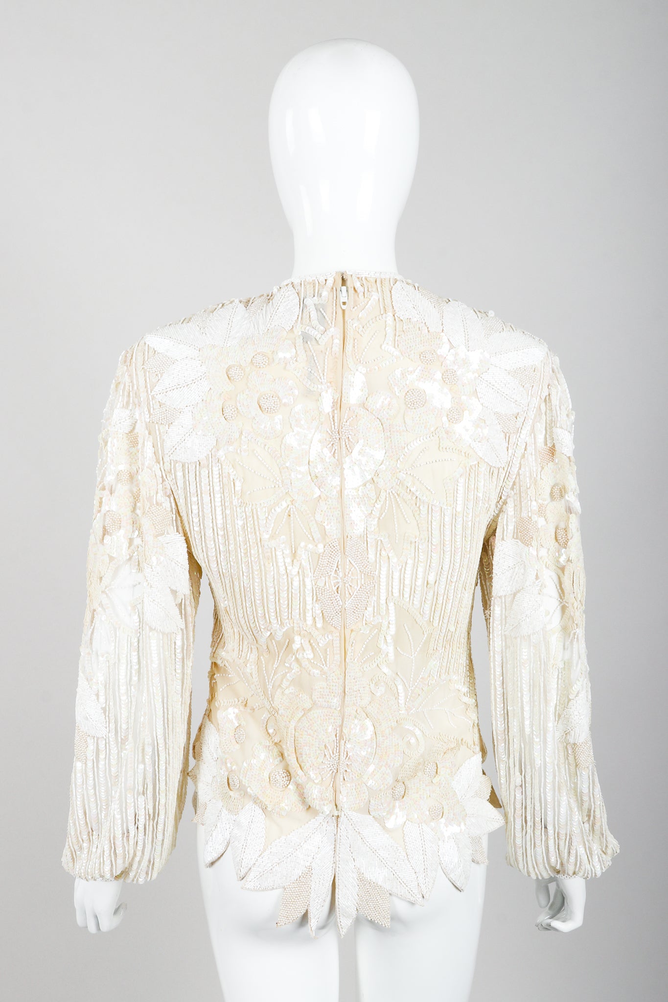 Vintage Riazee Beaded Applique Bridal Wedding Top Set on Mannequin back at Recess