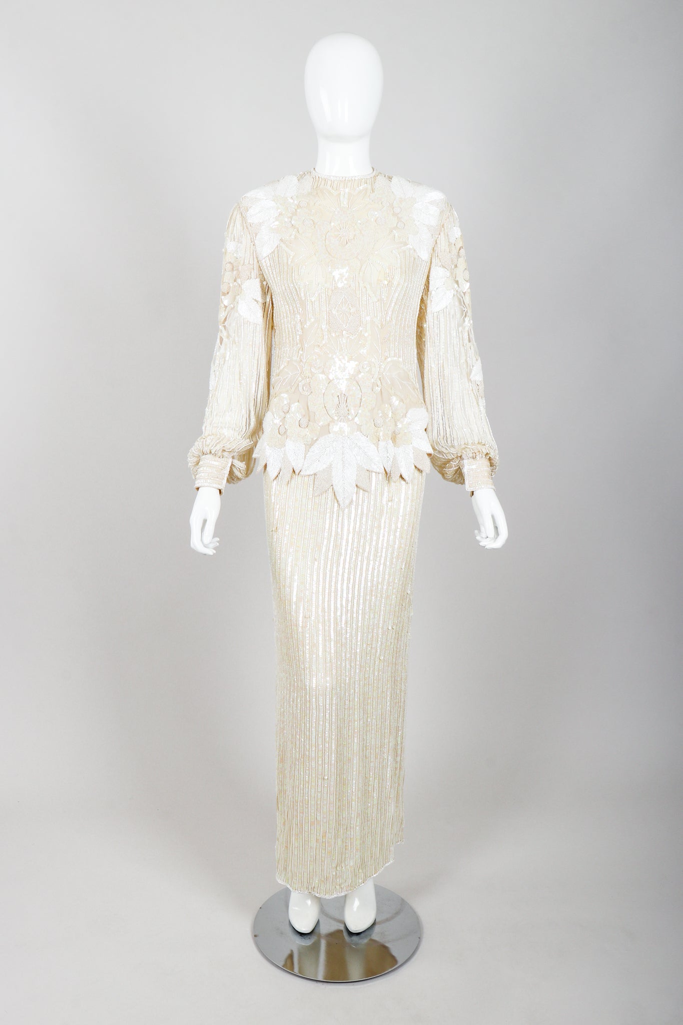 Vintage Riazee Beaded Applique Bridal Wedding Top & Skirt Set on Mannequin front at Recess