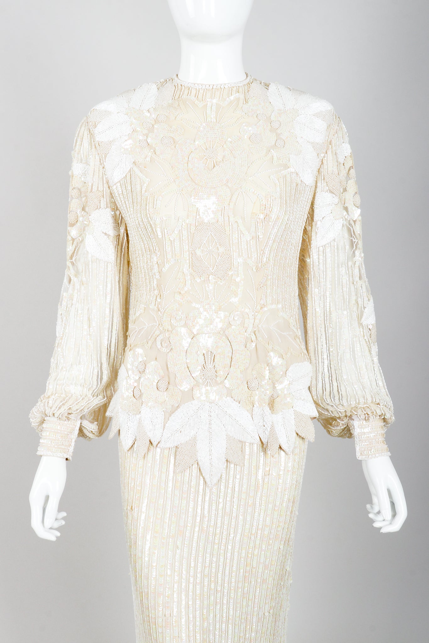 Vintage Riazee Beaded Applique Bridal Wedding Top & Skirt Set on Mannequin front crop at Recess