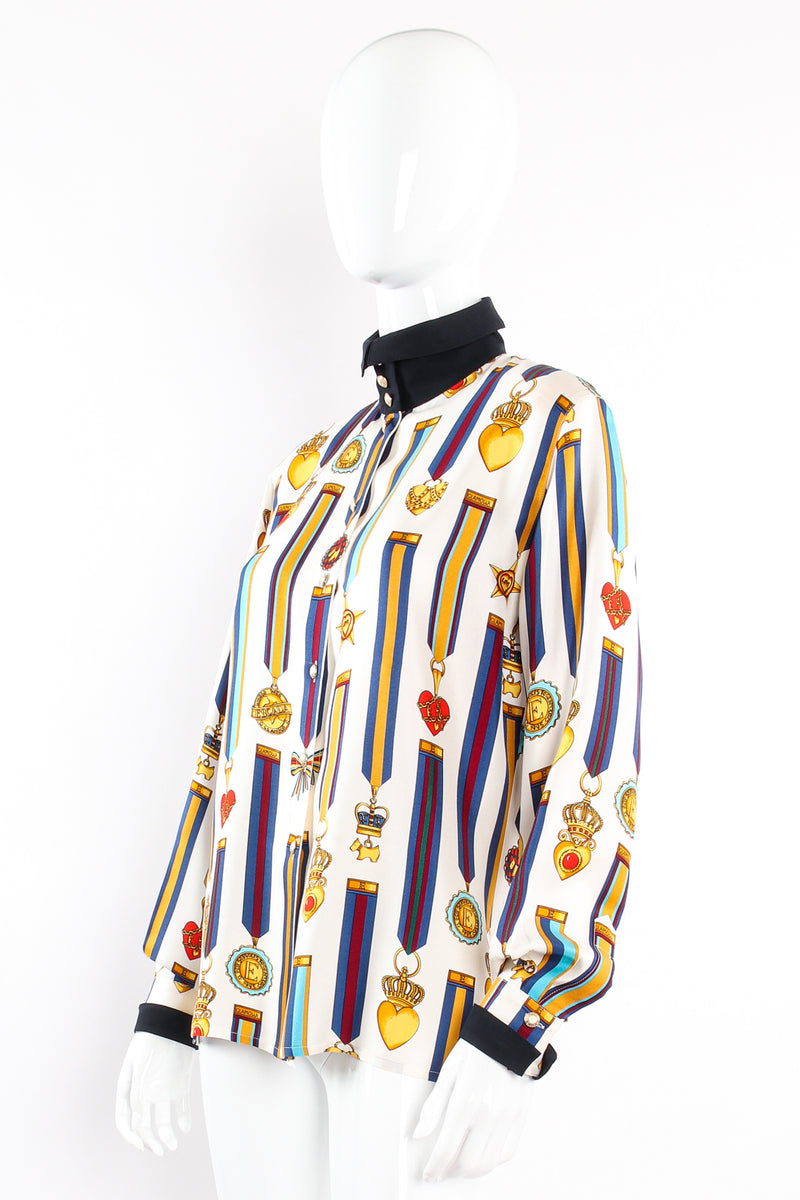 Vintage Escada Glamour Medals of Honor Print Blouse on mannequin angle at Recess Los Angeles