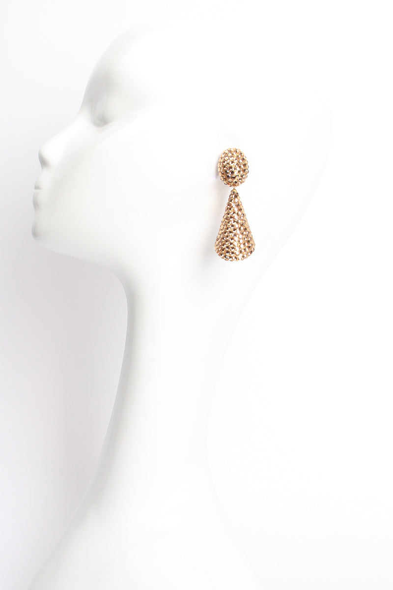 Vintage Richard Kerr Champagne Rhinestone Cone Earrings on mannequin at Recess Los Angeles