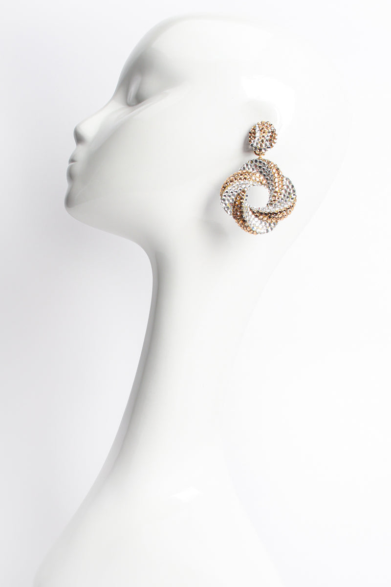 Vintage Richard Kerr Champagne Crystal Swirl Hoop Earrings on mannequin at Recess Los Angeles