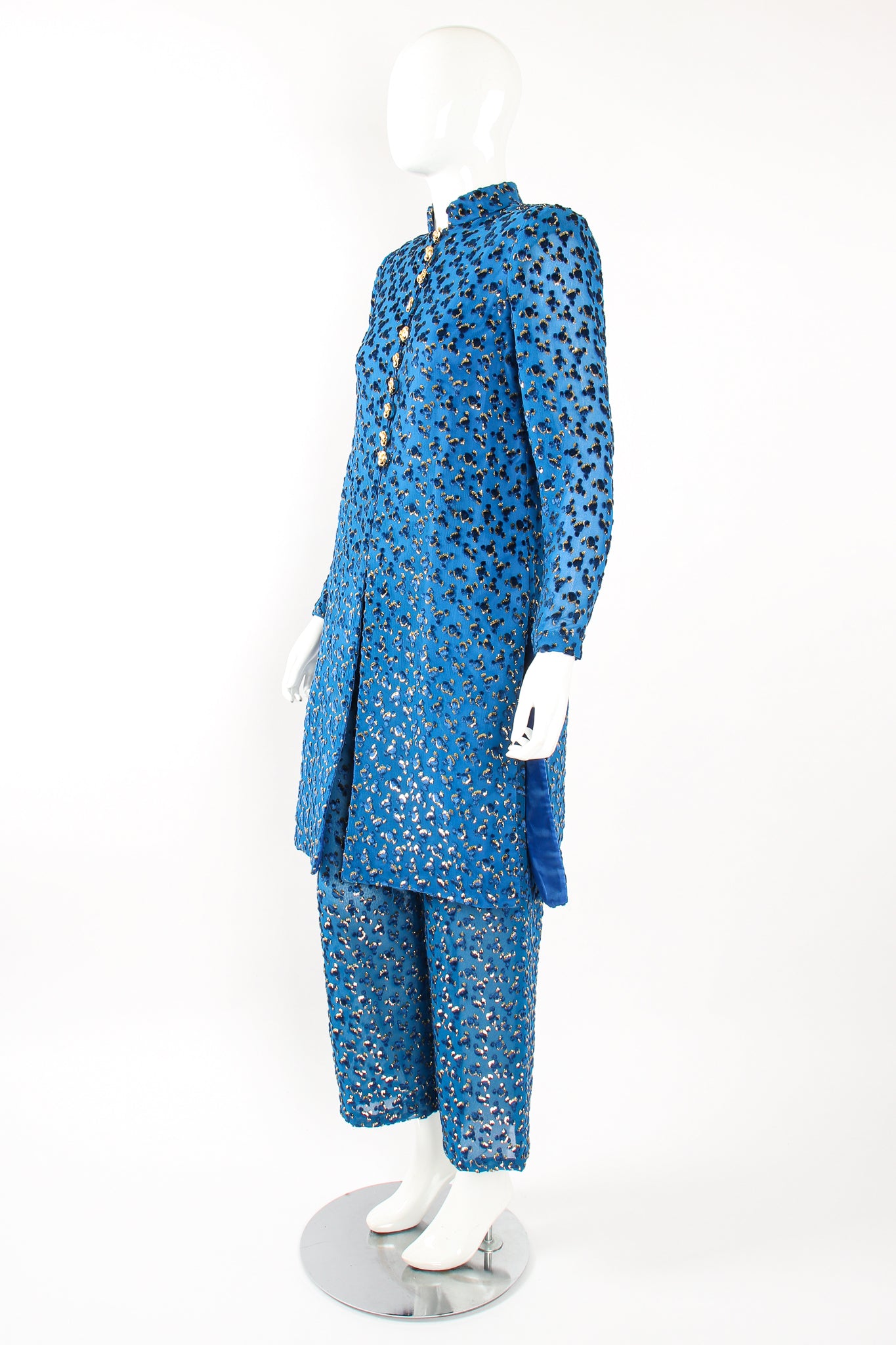 Vintage Richilene Silk Velvet Lamé Leisure Suit on Mannequin angle at Recess Los Angeles