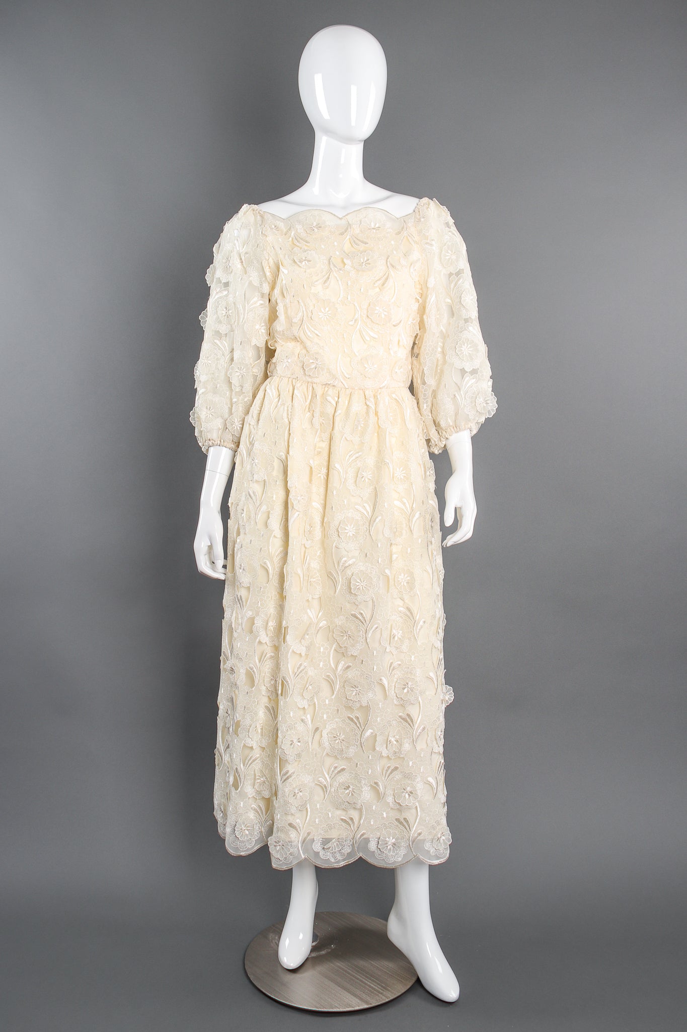Vintage Richilene Embroidered Lace Balloon Sleeve Dress on Mannequin front at Recess Los Angeles