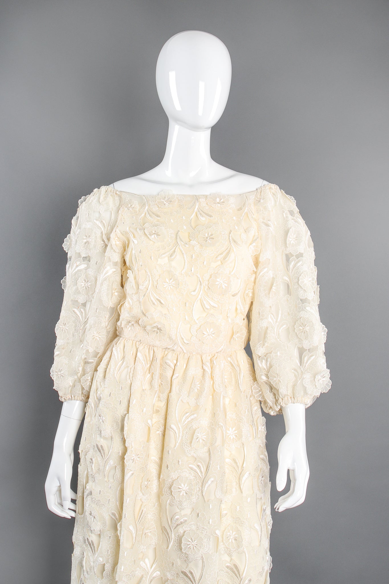 Vintage Richilene Embroidered Lace Balloon Sleeve Dress on Mannequin front crop at Recess LA
