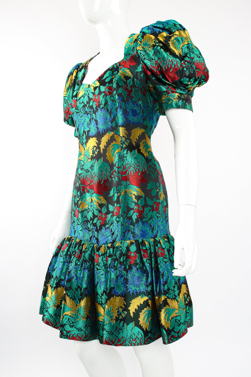Vintage Richilene Puff Sleeve Brocade Dress on Mannequin angle crop at Recess Los Angeles