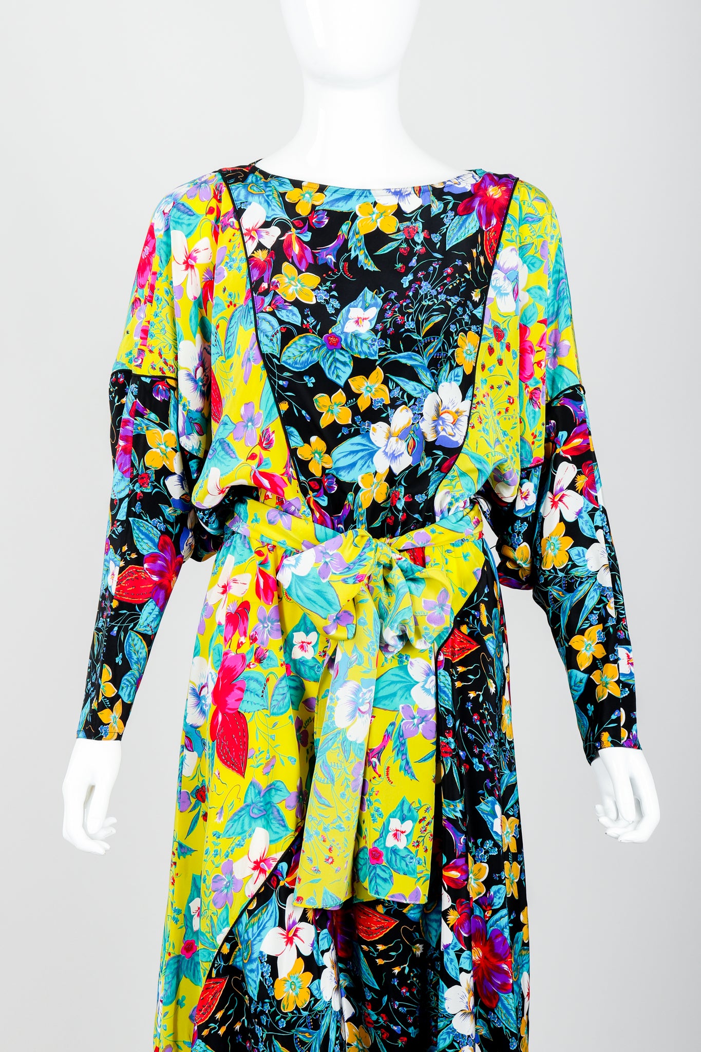 Vintage Rickie Freeman for Teri Jon Floral Batwing Dress on Mannequin Front Crop at Recess