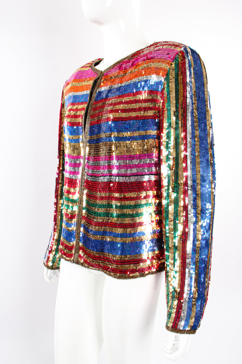 Vintage Rina Z Rainbow Stripe Sequin Jacket on Mannequin angle at Recess Los Angeles