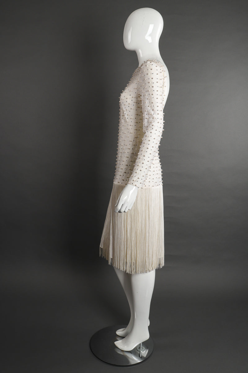 Vintage Robert David Morton Diamonds Pearls Fringe Wedding Bridal Dress on Mannequin side Recess