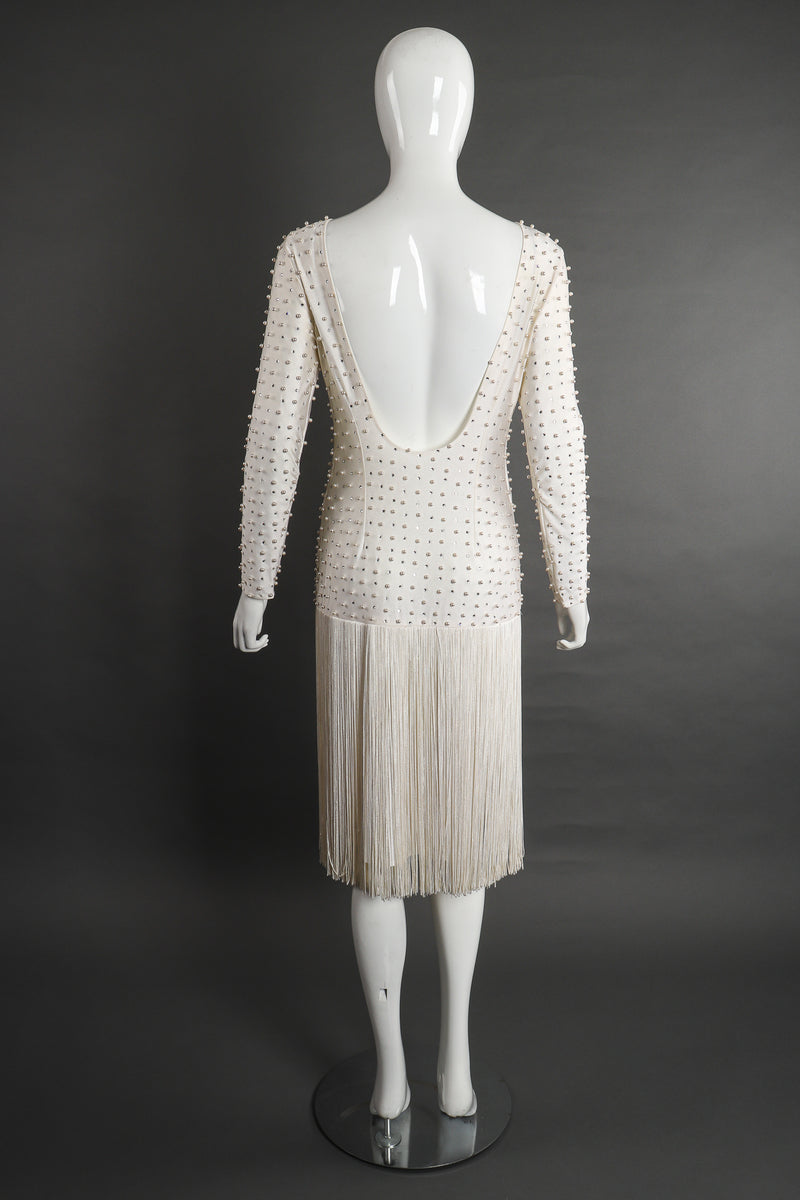 Vintage Robert David Morton Diamonds Pearls Fringe Wedding Bridal Dress on Mannequin back Recess