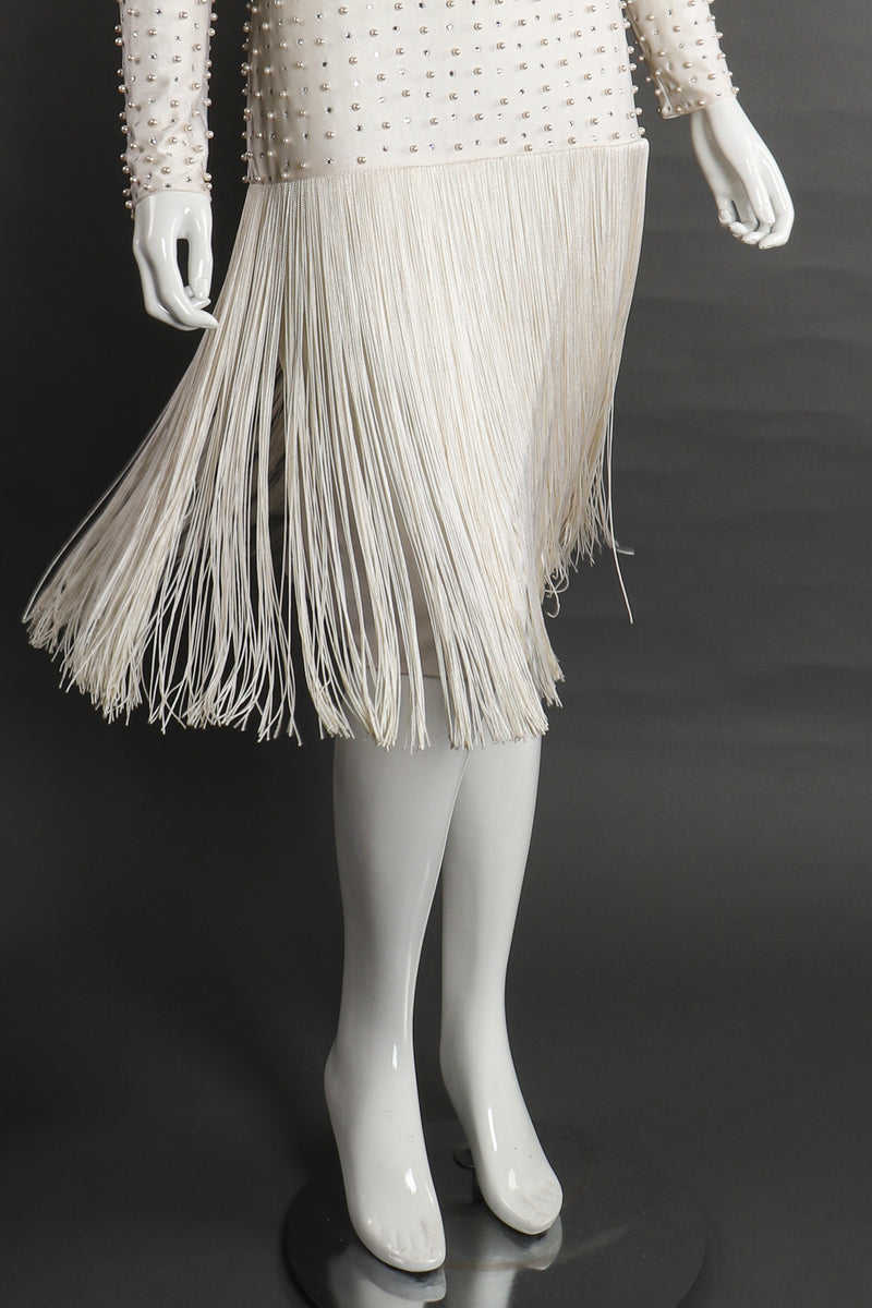 Vintage Robert David Morton Diamonds Pearls Fringe Wedding Bridal Dress on Mannequin skirt Recess