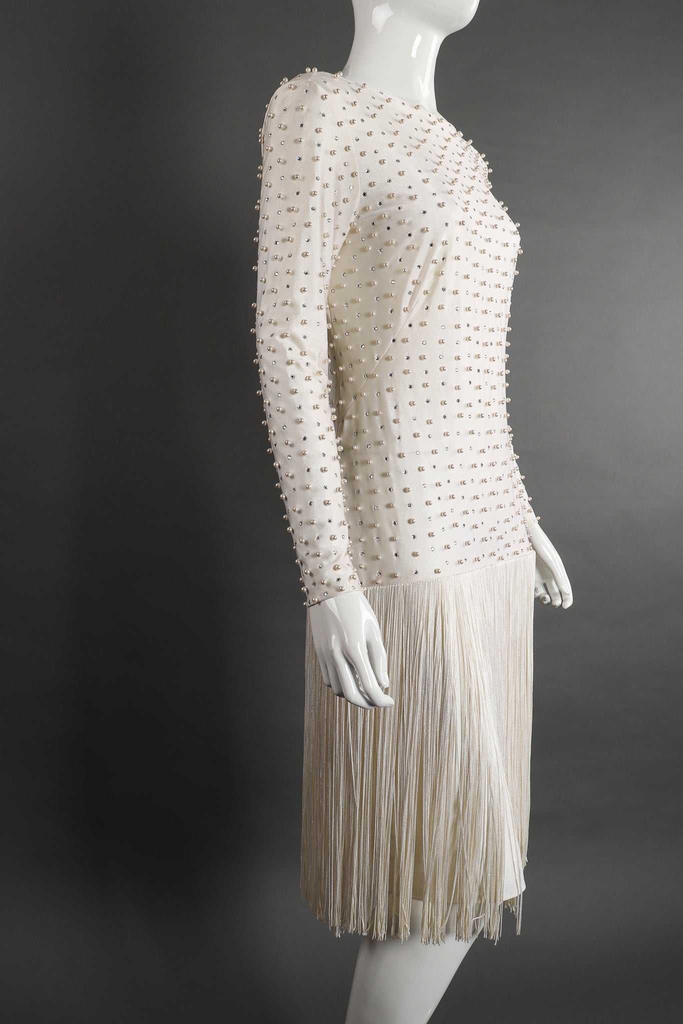 Vintage Robert David Morton Diamonds Pearls Fringe Wedding Bridal Dress on Mannequin angle Recess