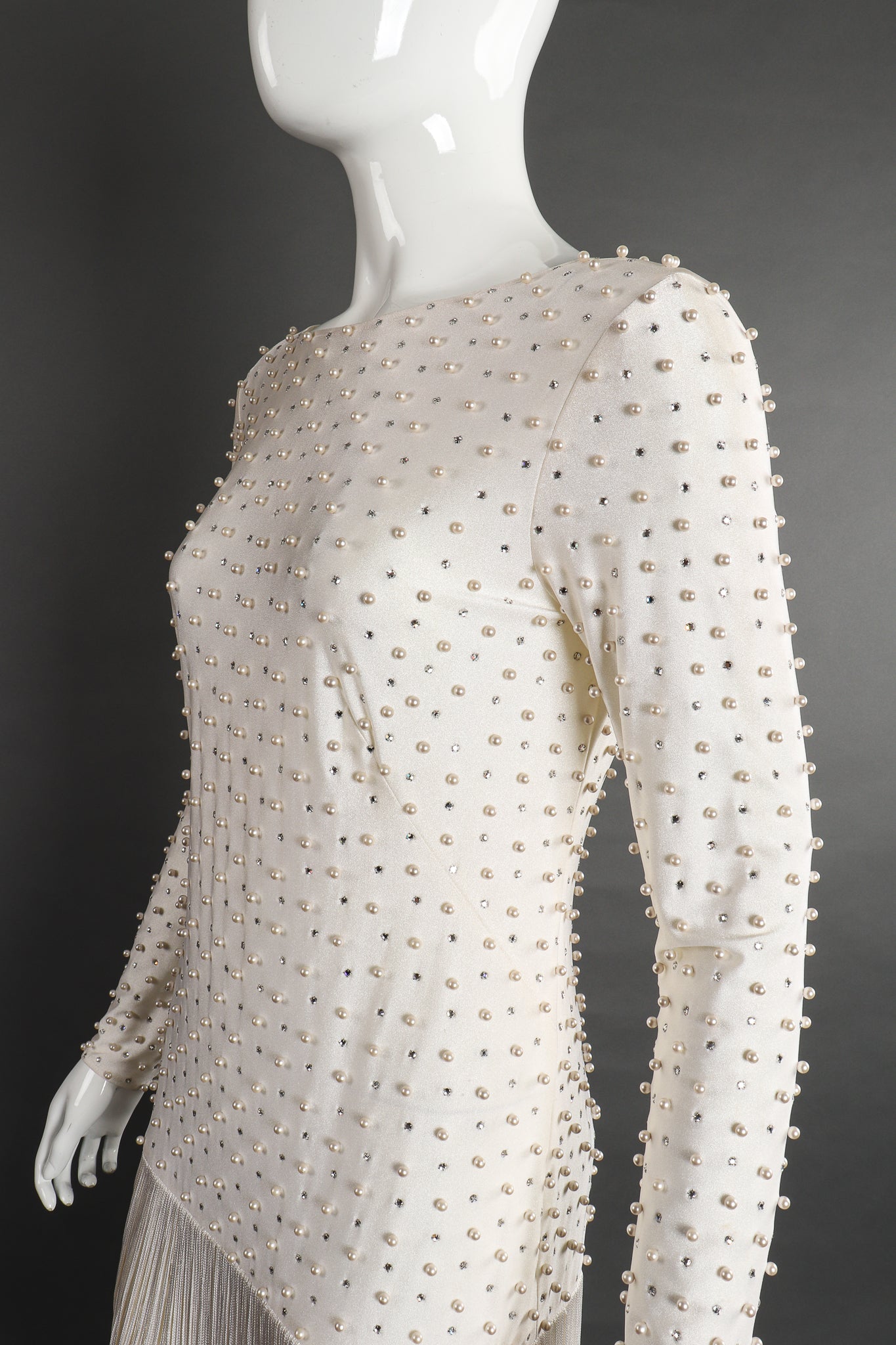 Vintage Robert David Morton Diamonds Pearls Fringe Wedding Bridal Dress on Mannequin bodice Recess
