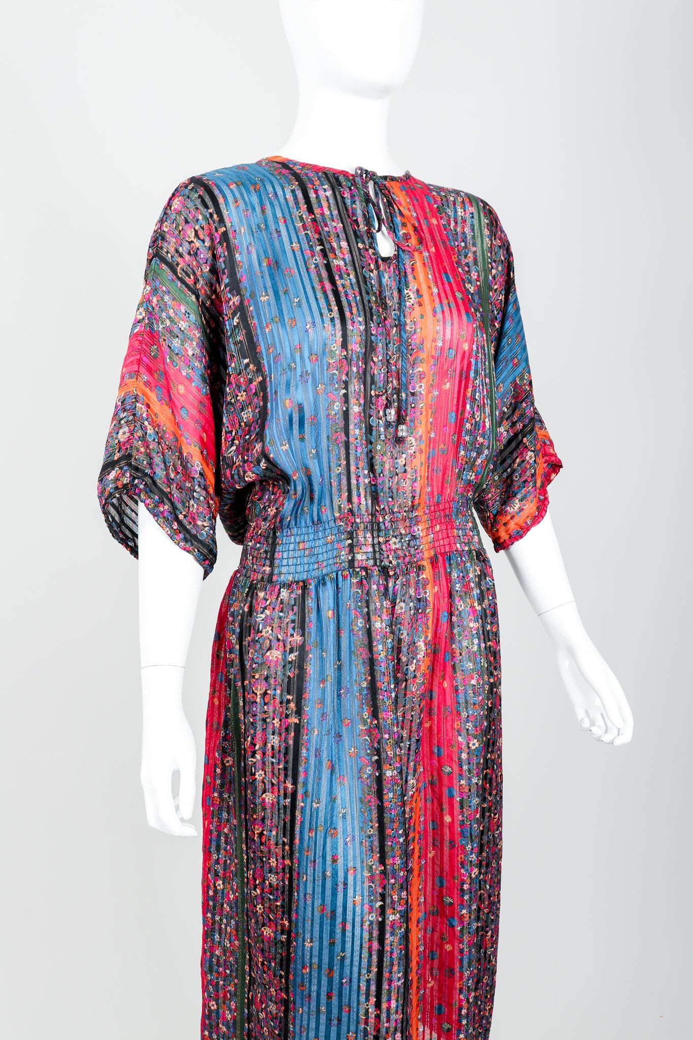 Vintage Robert Janan Floral Stripe Chiffon Dress on Mannequin angle crop at Recess Los Angeles