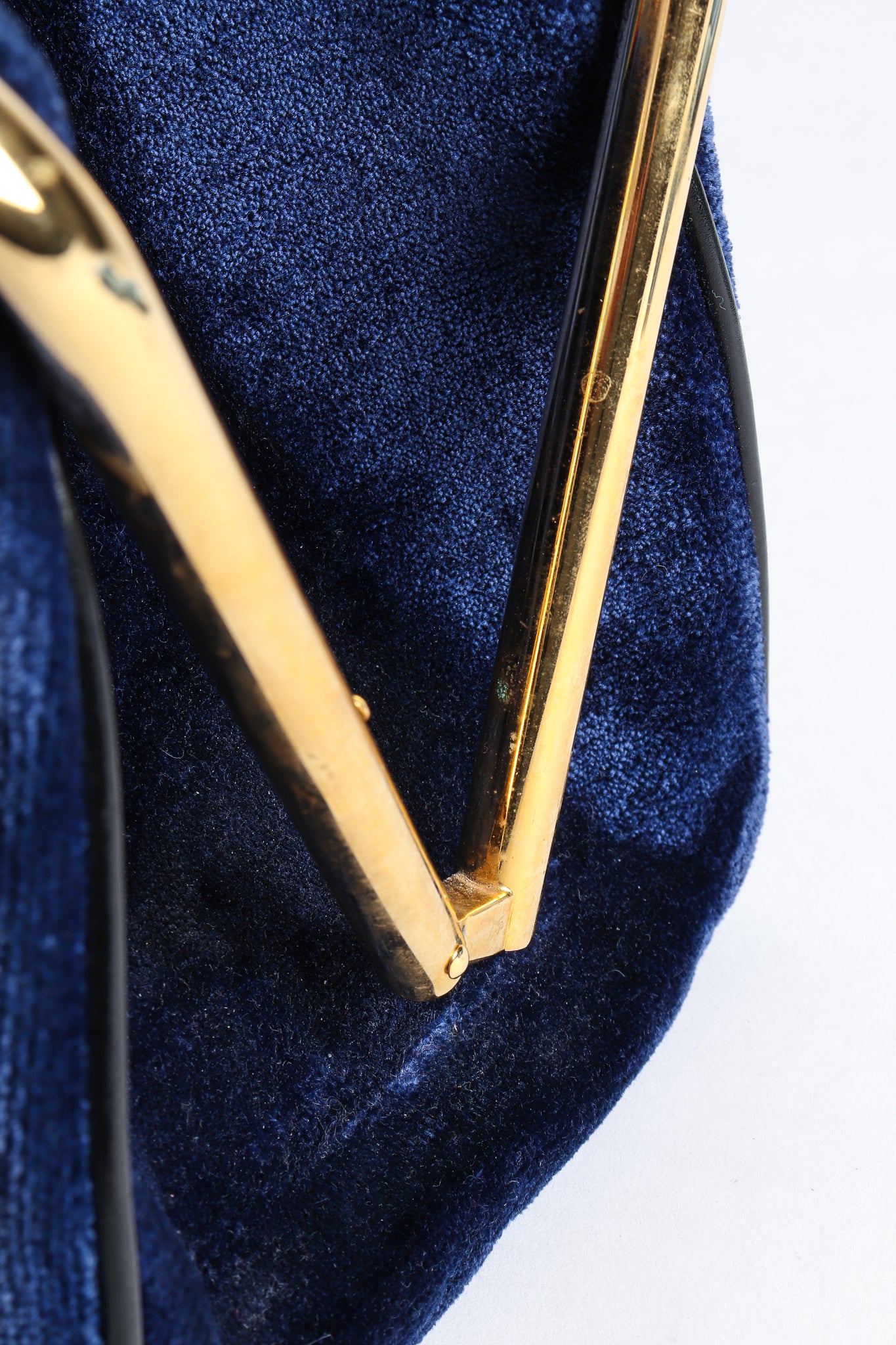 Vintage Roberta di Camerino Navy Stripe Velvet Frame Handbag wear to frame at Recess Los Angeles