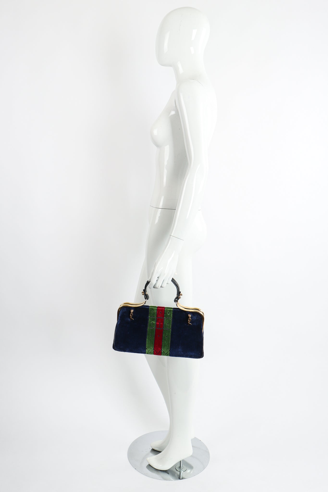 Vintage Roberta di Camerino Navy Stripe Velvet Frame Handbag mannequin at Recess Los Angeles