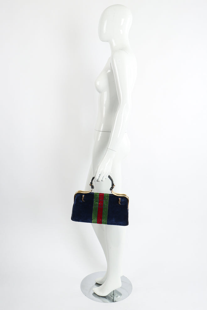 Vintage Roberta di Camerino Navy Stripe Velvet Frame Handbag mannequin at Recess Los Angeles