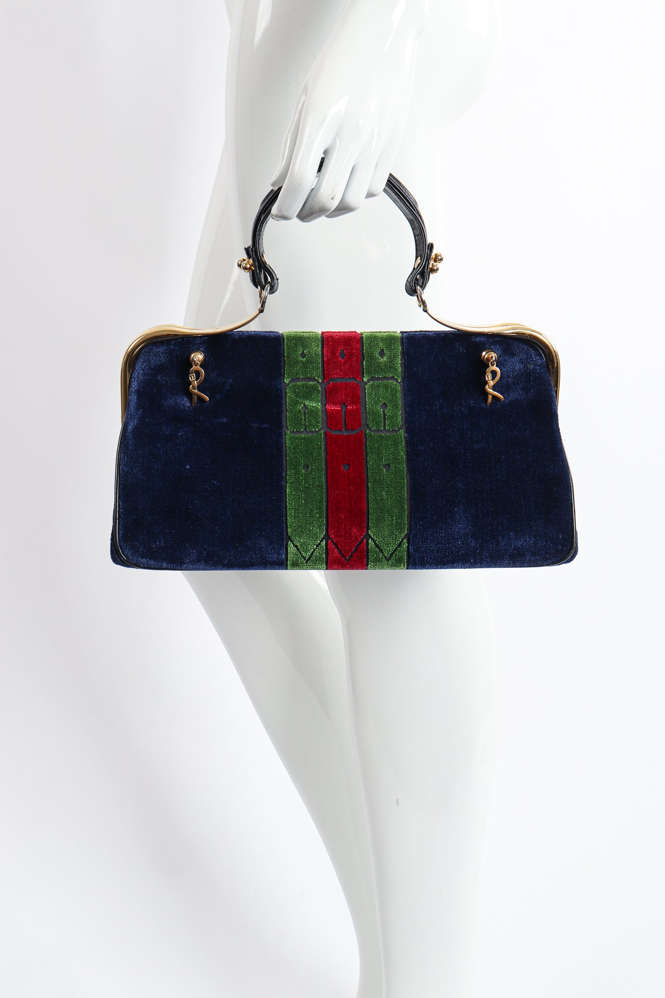 Vintage Roberta di Camerino Navy Stripe Velvet Frame Handbag on Mannequin at Recess Los Angeles