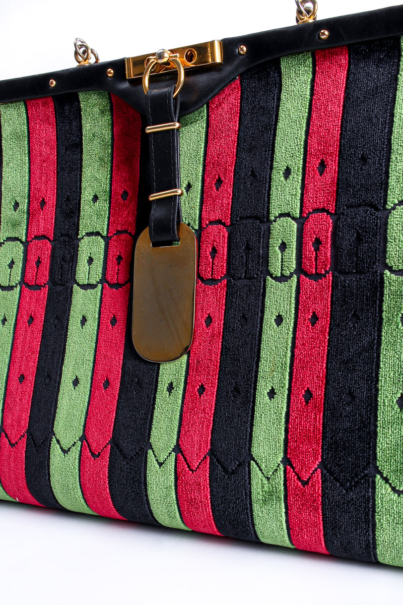 Vintage Roberta di Camerino Velvet Striped Buckle Oversized Bag Front Closeup at Recess LA