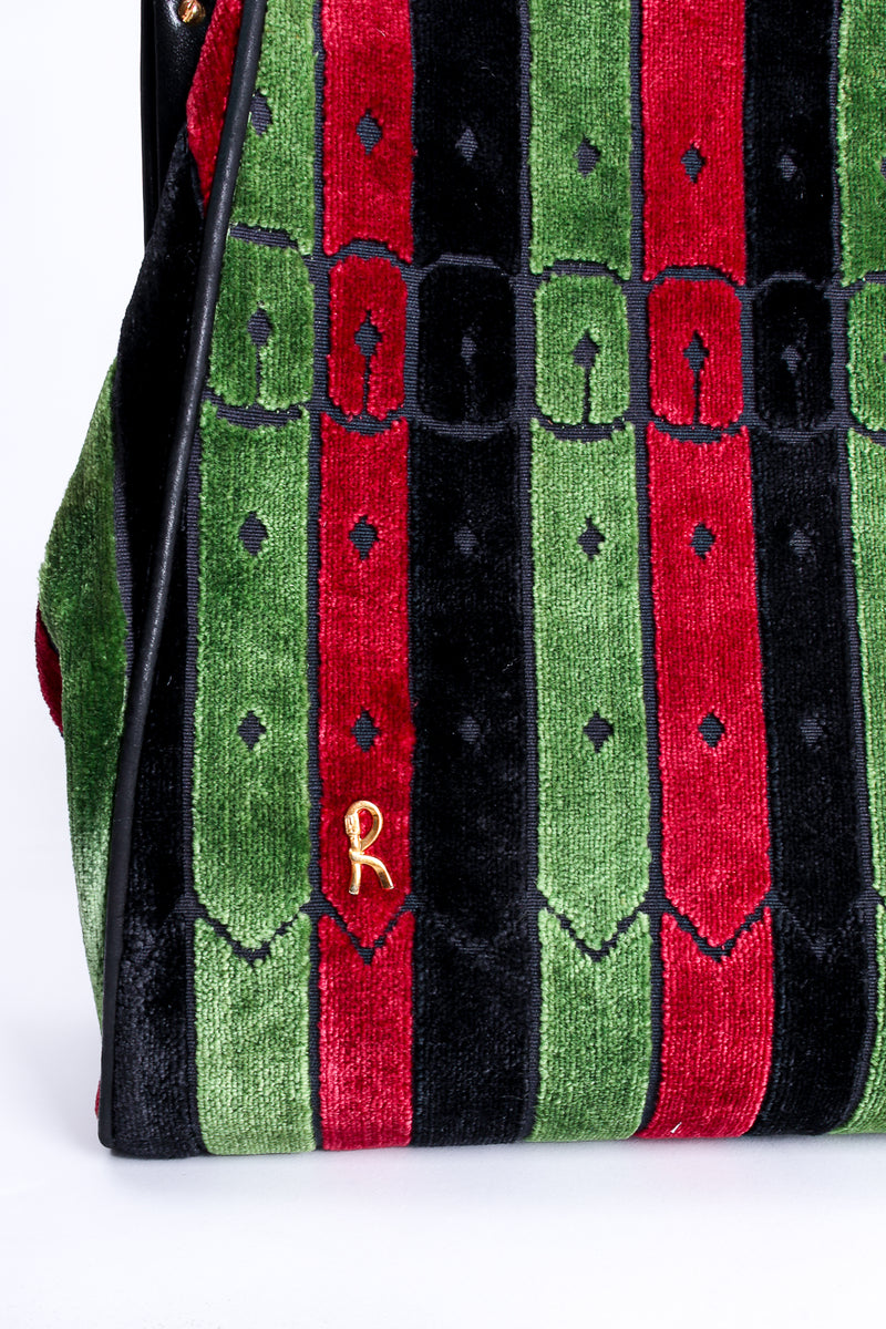 Vintage Roberta di Camerino Velvet Striped Buckle Oversized Bag Logo Closeup at Recess LA