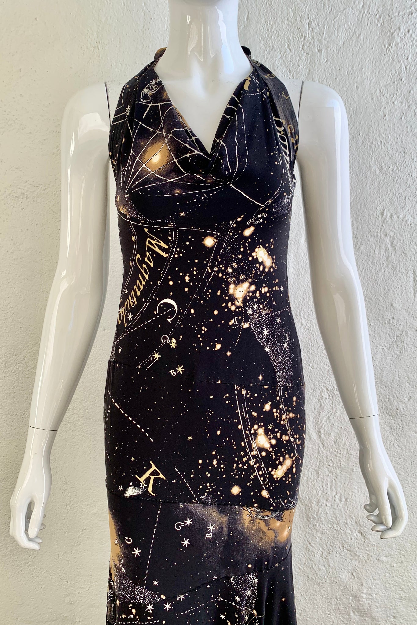 Vintage Roberto Cavalli Astrological Stars Halter Gown on Mannequin front Crop at Recess LA