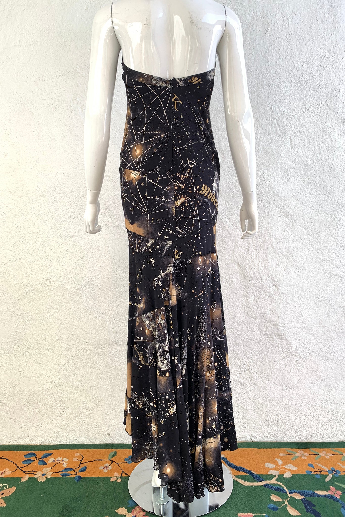 Vintage Roberto Cavalli Astrological Stars Halter Gown on Mannequin Back at Recess LA