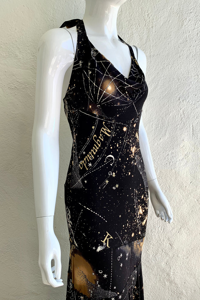 Vintage Roberto Cavalli Astrological Stars Halter Gown on Mannequin angle Crop at Recess LA