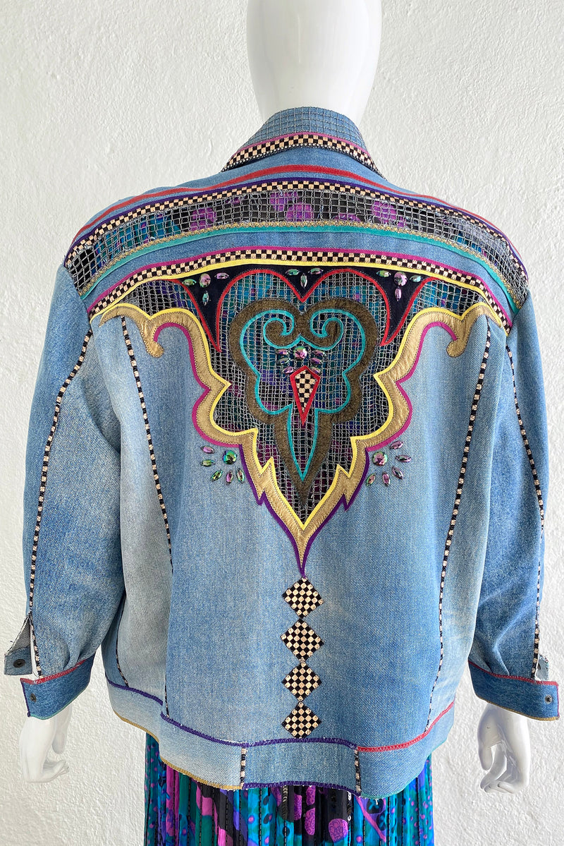Vintage Roberto Cavalli for Amen Wardy Applique Denim Jacket on Mannequin back at Recess LA