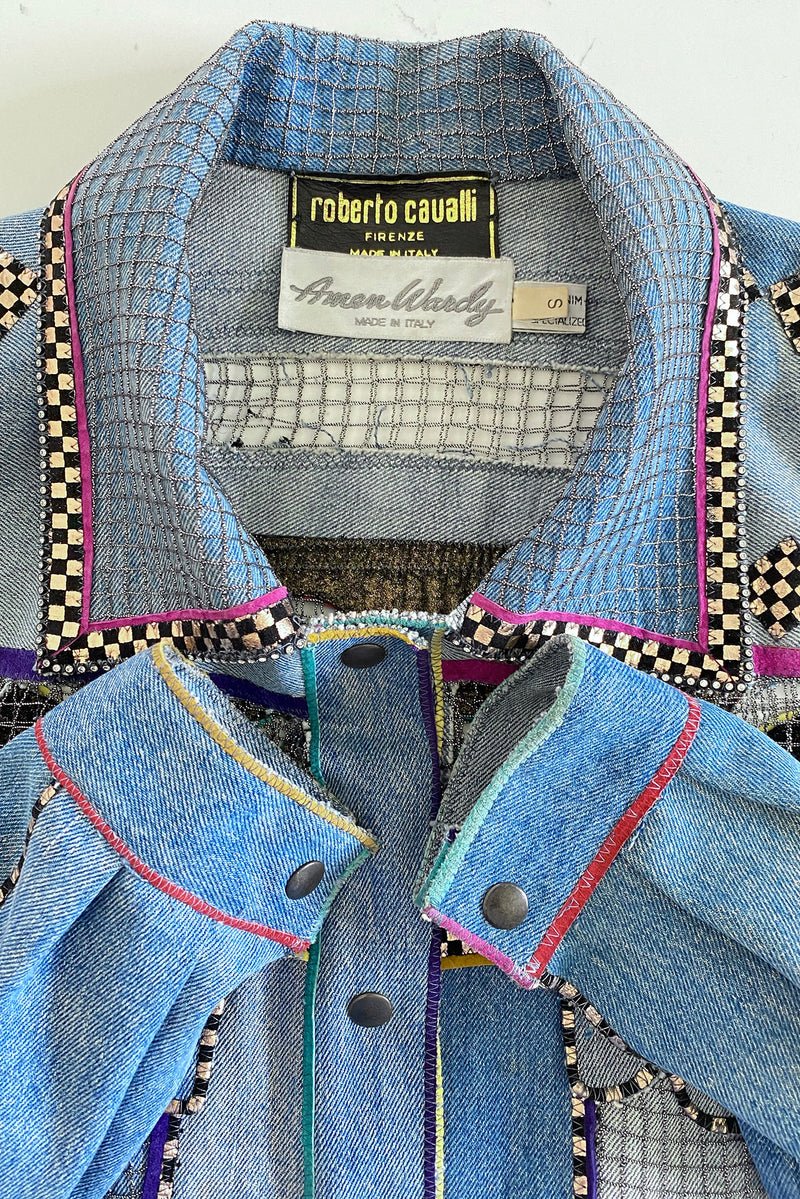 Vintage Roberto Cavalli for Amen Wardy Applique Denim Jacket collar detail at Recess LA
