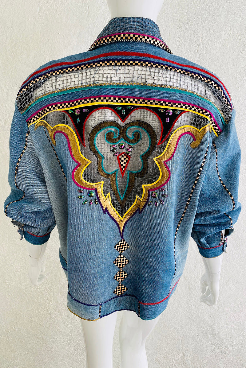 Vintage Roberto Cavalli for Amen Wardy Applique Denim Jacket on Mannequin Back Detail at Recess LA