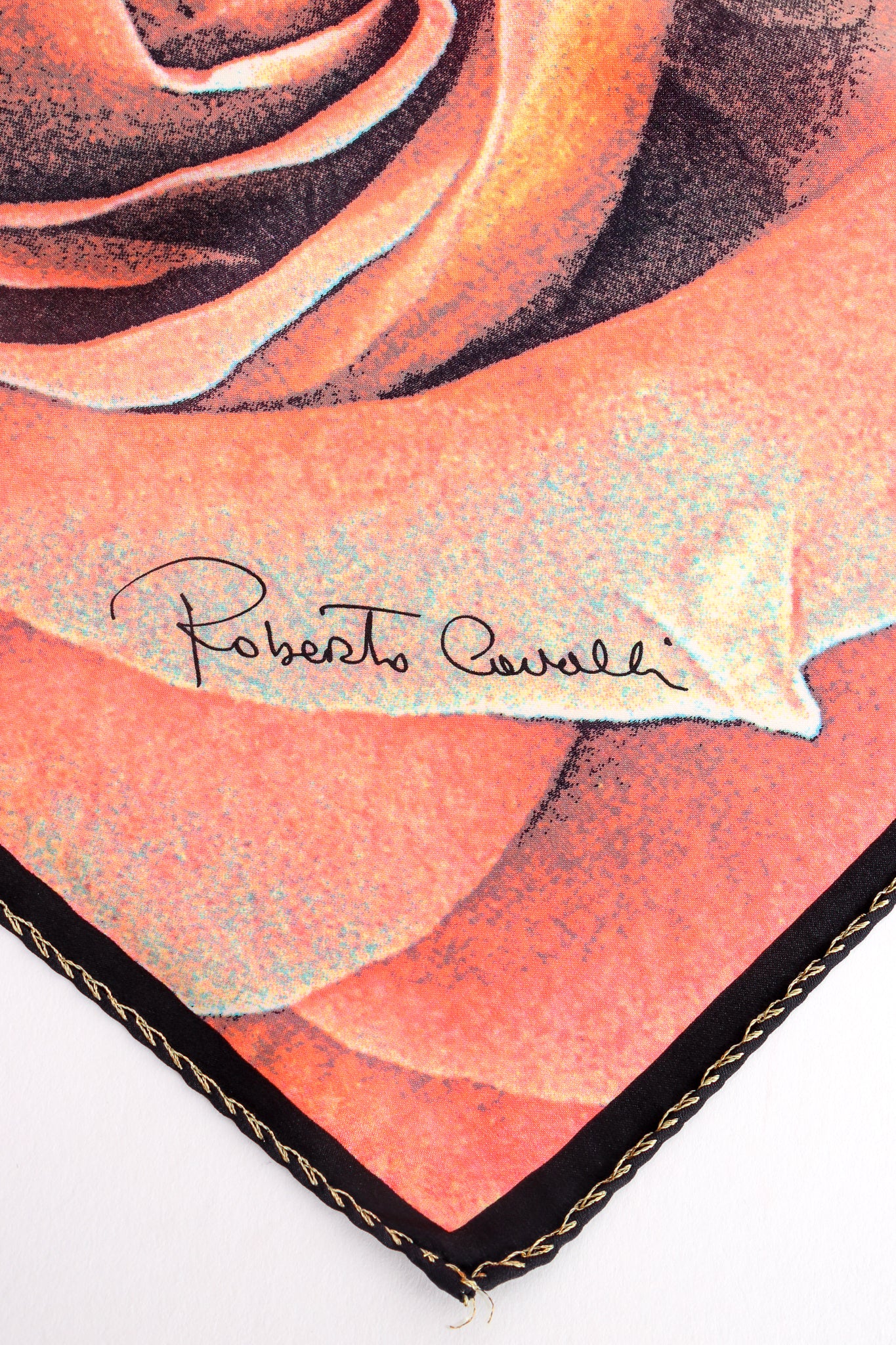 Vintage Roberto Cavalli Rose Gold Galaxy Silk Scarf signature at Recess Los Angeles