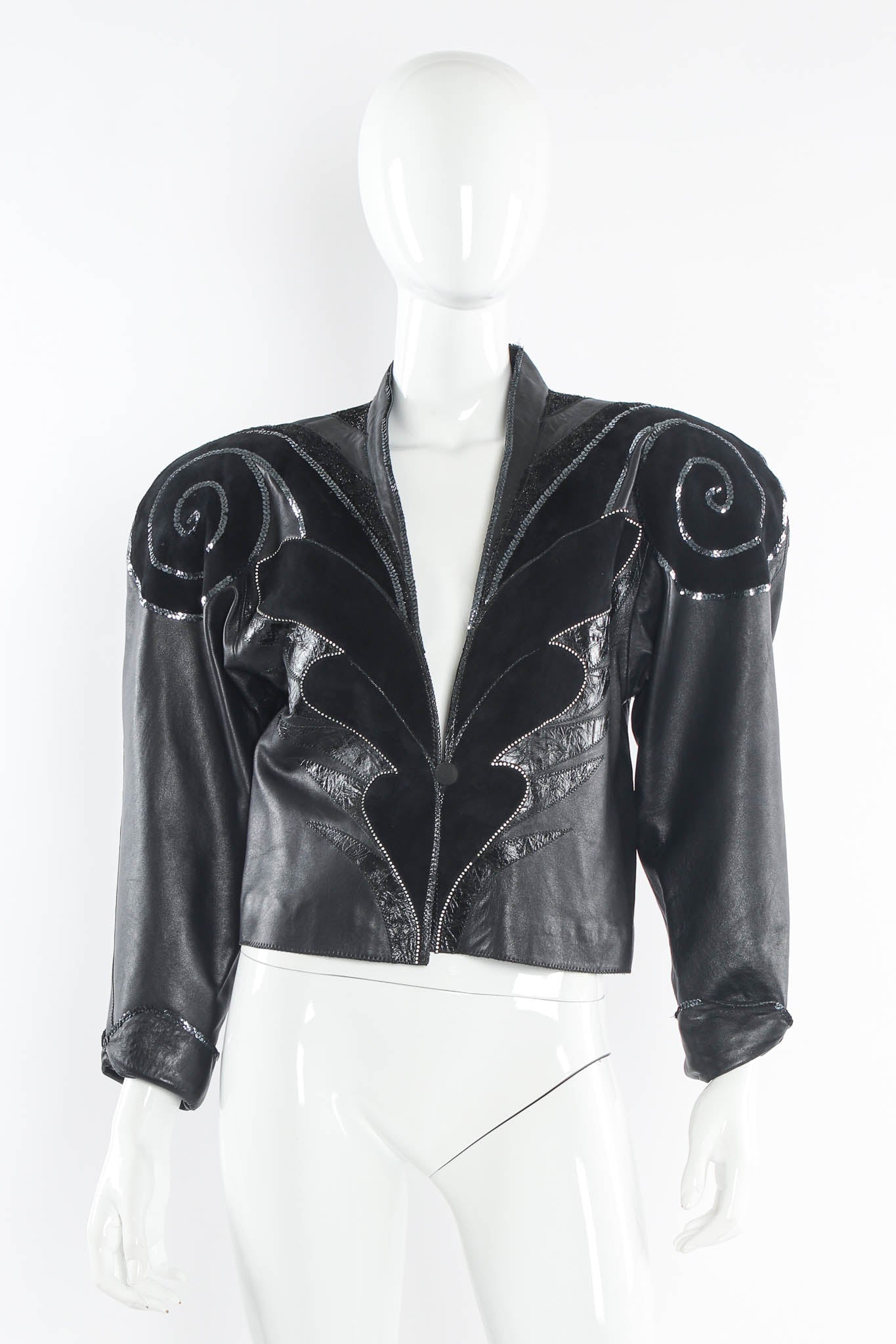Vintage Roberto Cavalli Embellished Suede Leather Jacket mannequin front @ Recess LA