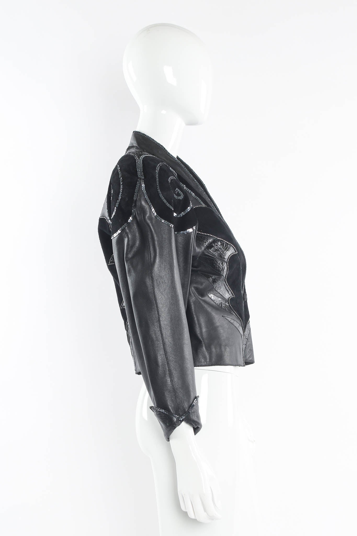 Vintage Roberto Cavalli Embellished Suede Leather Jacket mannequin side @ Recess LA
