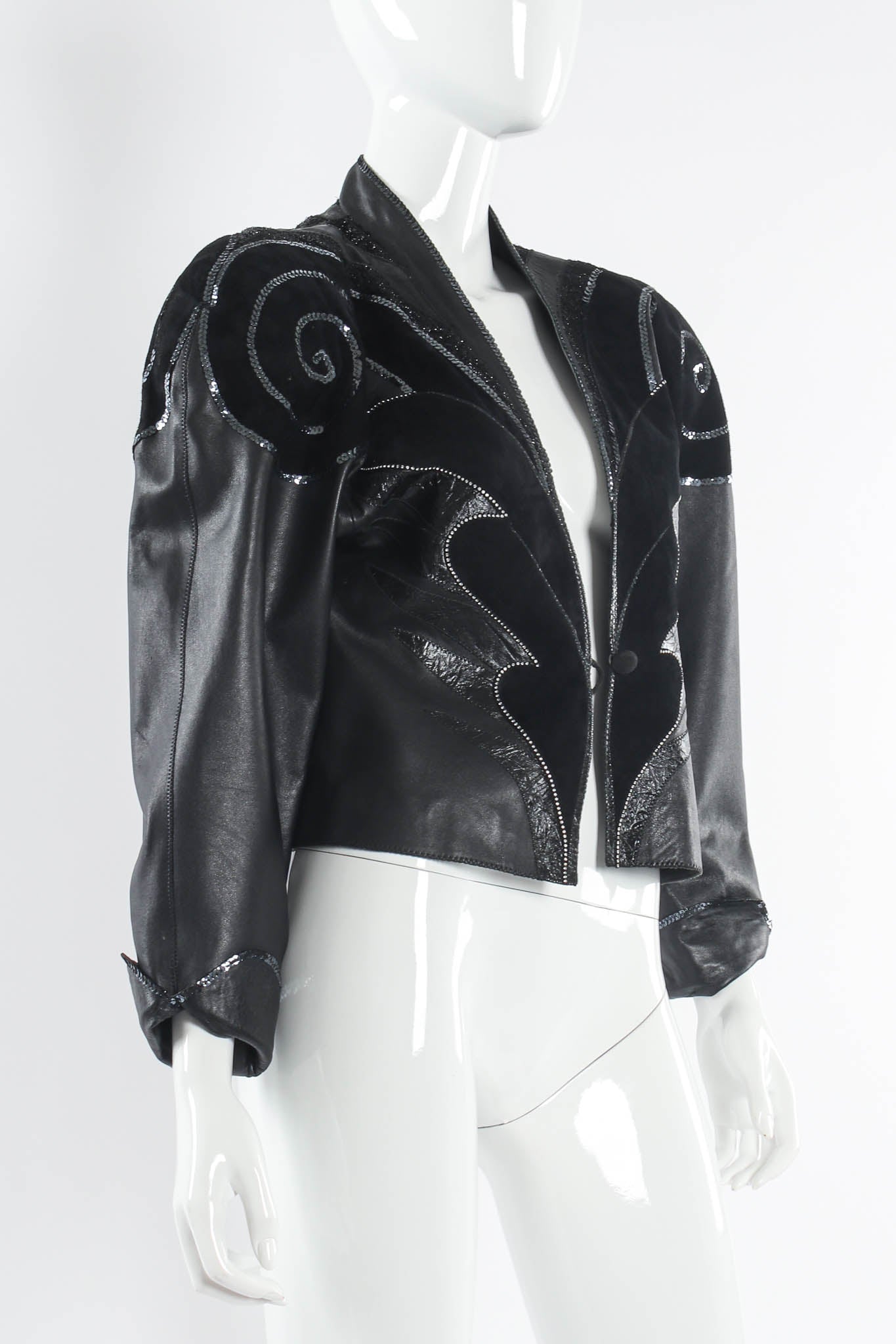 Vintage Roberto Cavalli Embellished Suede Leather Jacket mannequin angle close @ Recess LA