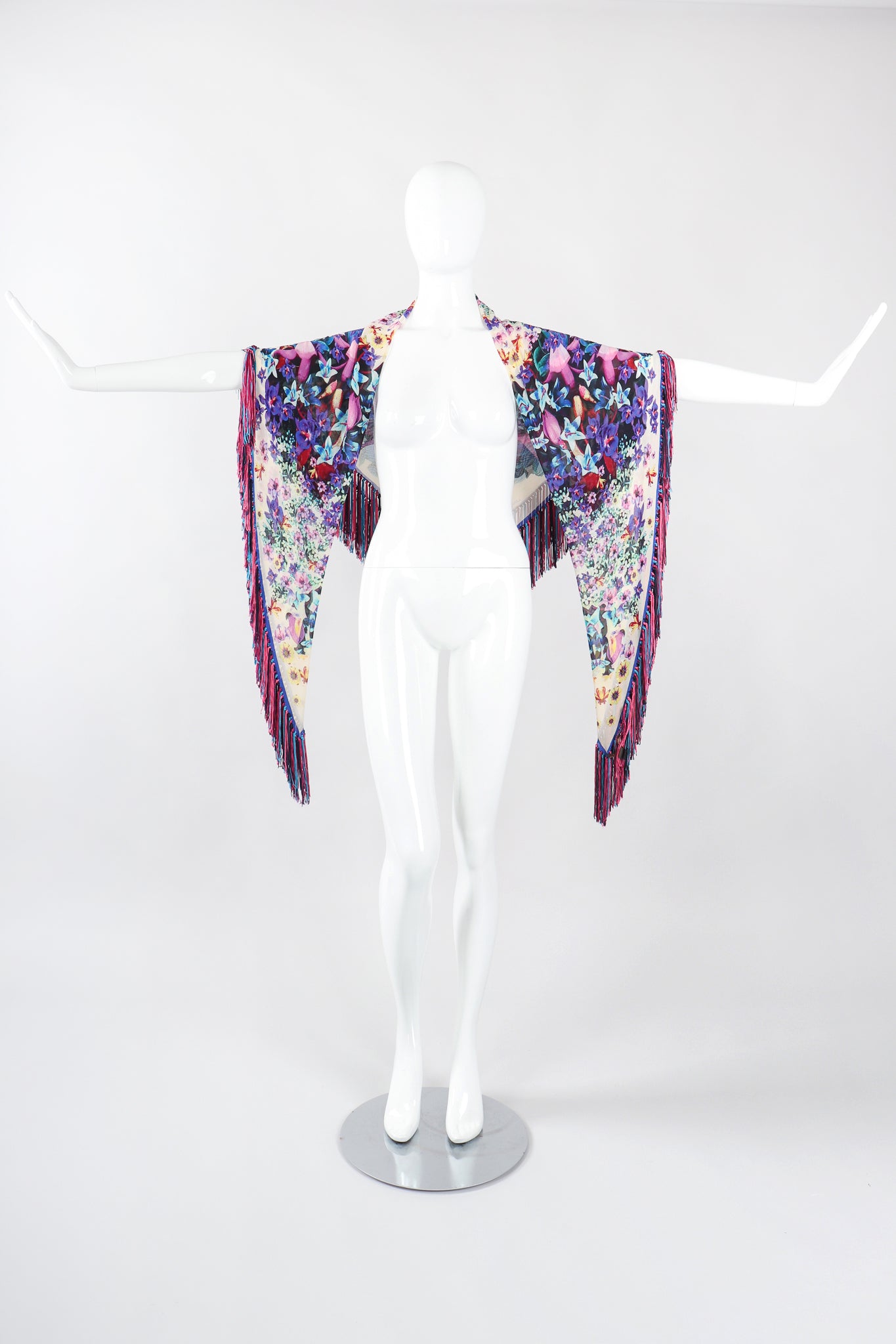 Recess Los Angeles Designer Consignment Vintage Floral Fringe Silk Chiffon Shawl