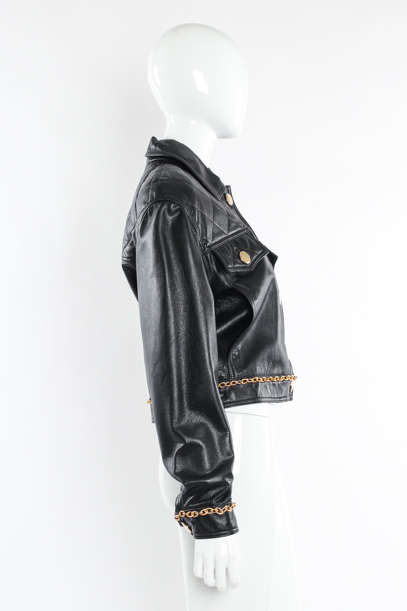 Vintage Rocco D'Amelio Chain Hardware Quilted Leather Jacket mannequin side @ Recess LA