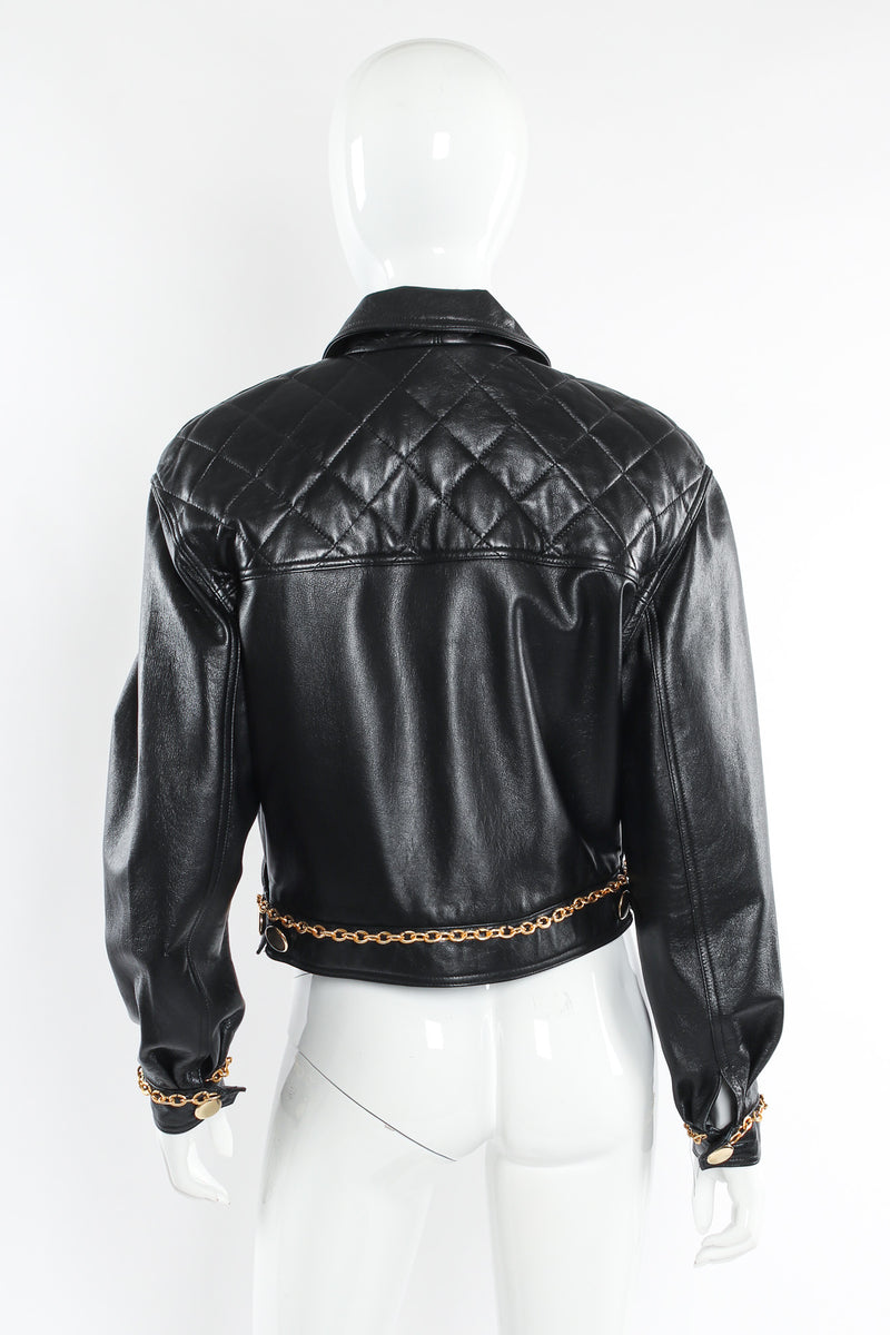 Black Quilted Leather Biker Jacket with Chain Trim Around